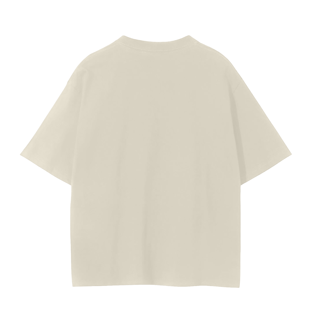 Beige plain crewneck t-shirt, back view, no print.