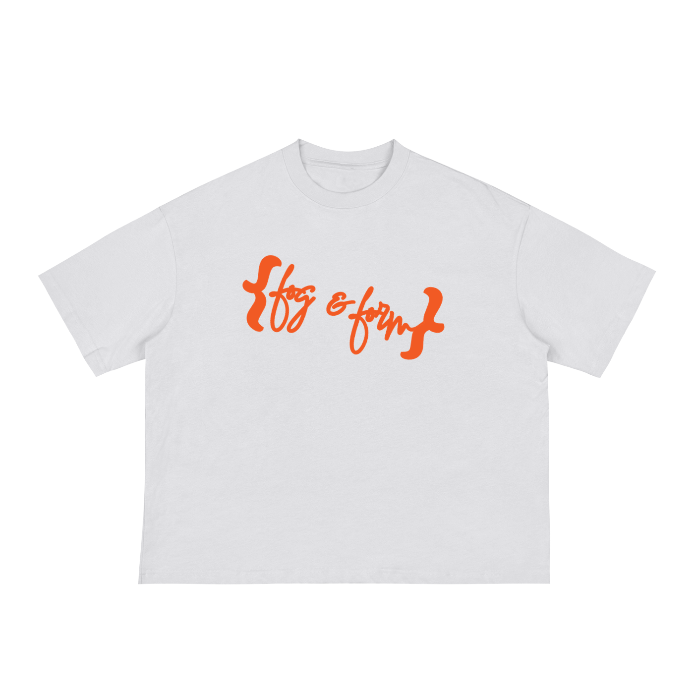 A white short-sleeve crewneck t-shirt with the phrase '{Fog & Form}' printed across the chest in a vibrant orange cursive font.
