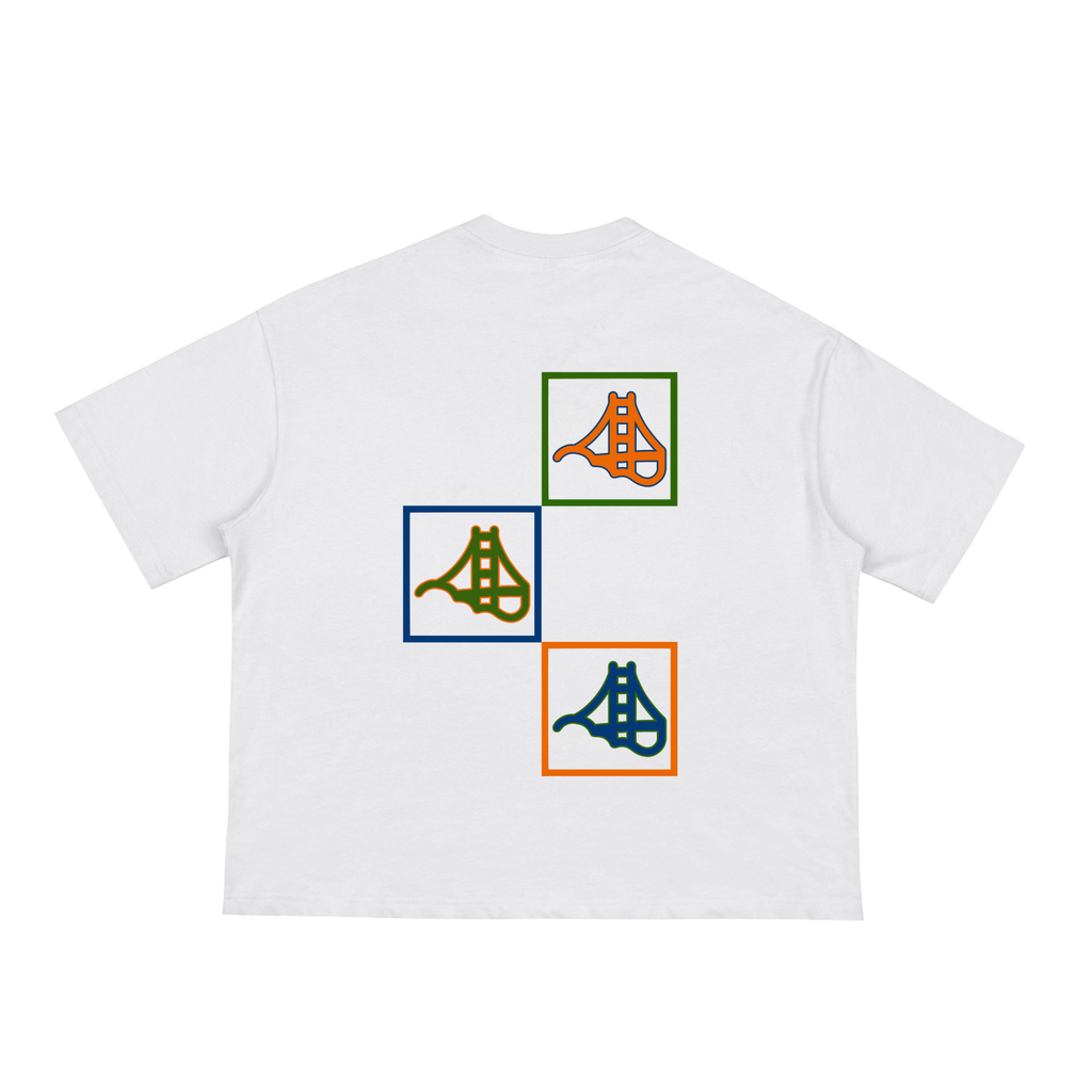 White tee with colorful fog and form grid logo layout. 