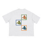 White tee with colorful fog and form grid logo layout. 