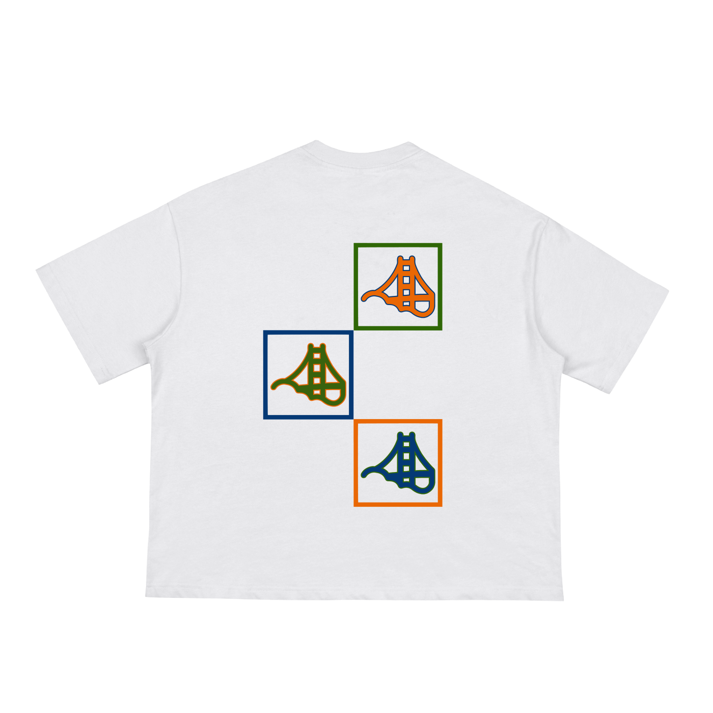White tee with colorful fog and form grid logo layout. 