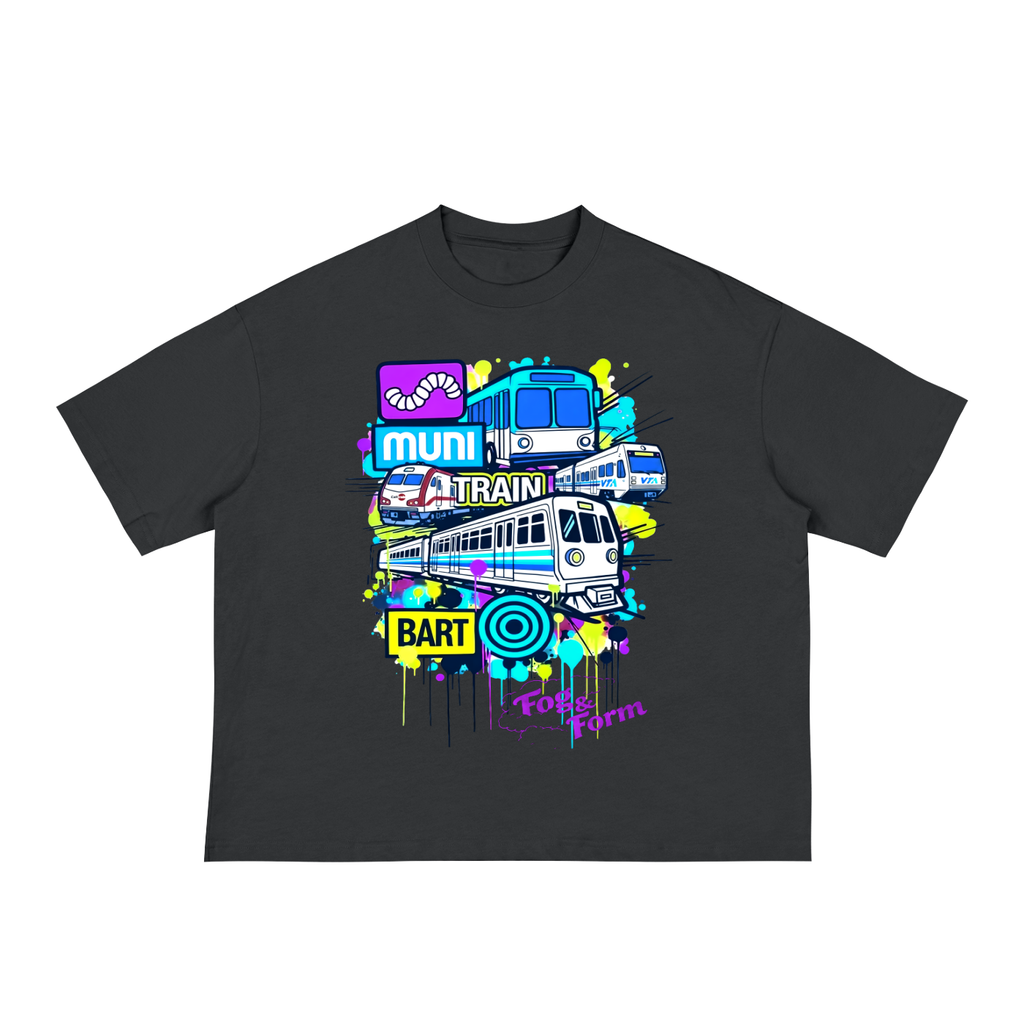 Fog & Form Bay transit vibes oversized boxy black graphic T-shirt featuring colorful Bay Area landmarks, transit, and street culture artwork.
