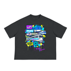 Fog & Form Bay transit vibes oversized boxy black graphic T-shirt featuring colorful Bay Area landmarks, transit, and street culture artwork.