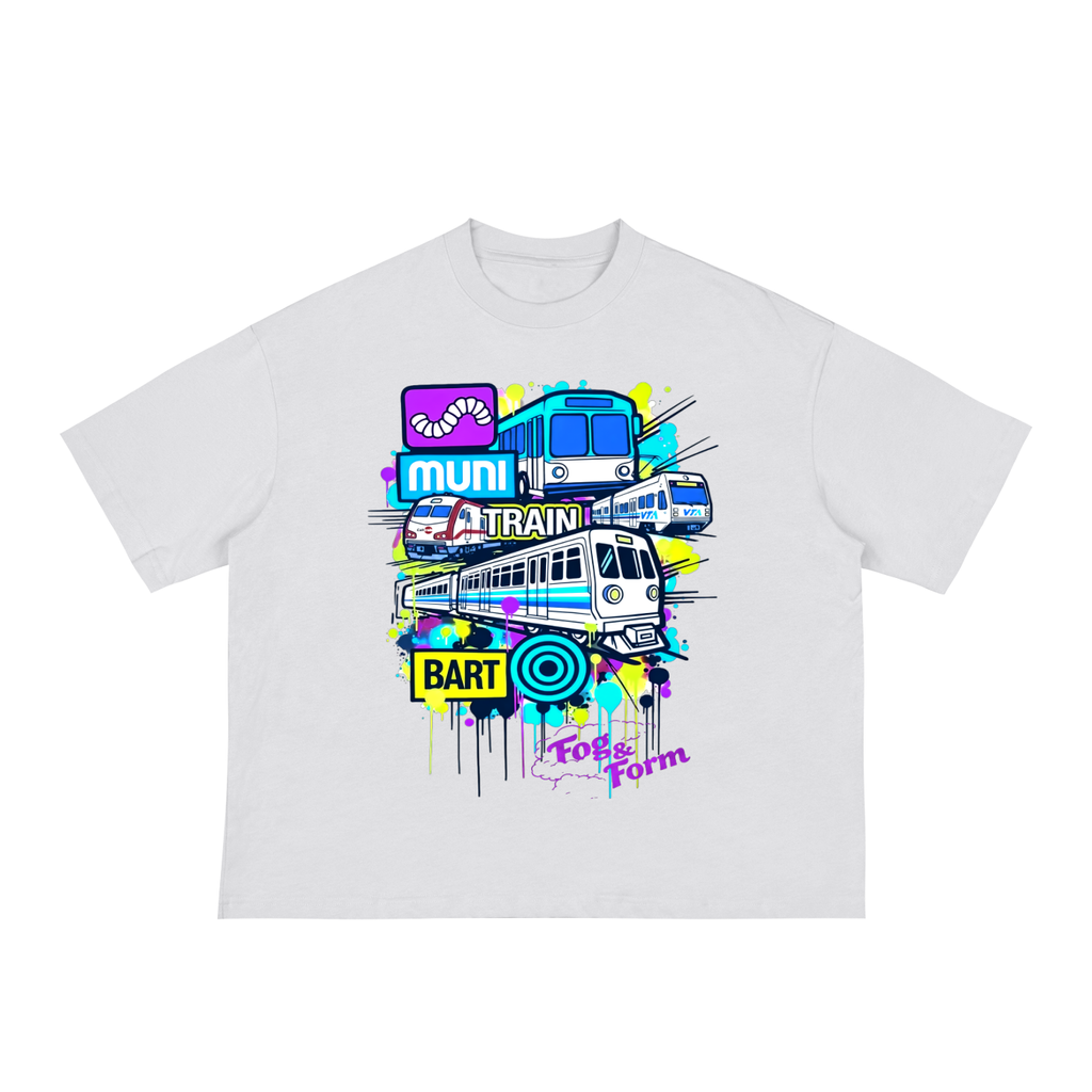 Fog & Form Bay Vibes heavyweight white graphic T-shirt featuring colorful Bay Area landmarks, transit, and street culture artwork.