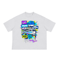Fog & Form Bay Vibes heavyweight white graphic T-shirt featuring colorful Bay Area landmarks, transit, and street culture artwork.