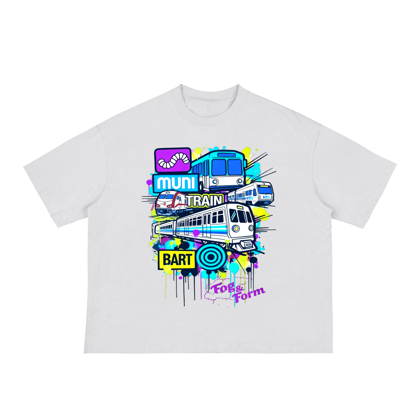 Fog & Form Bay Vibes heavyweight white graphic T-shirt featuring colorful Bay Area landmarks, transit, and street culture artwork.