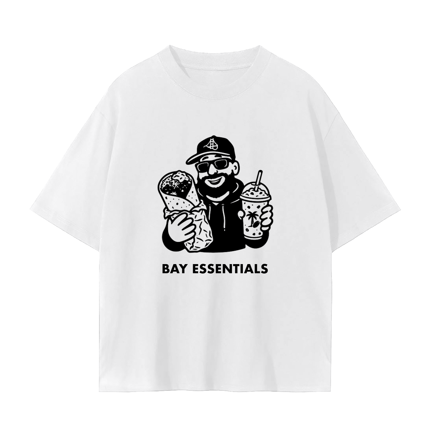 Fog & Form Bay Essentials heavyweight white graphic T-shirt featuring an illustrated tribute to San Francisco and Bay Area culture.