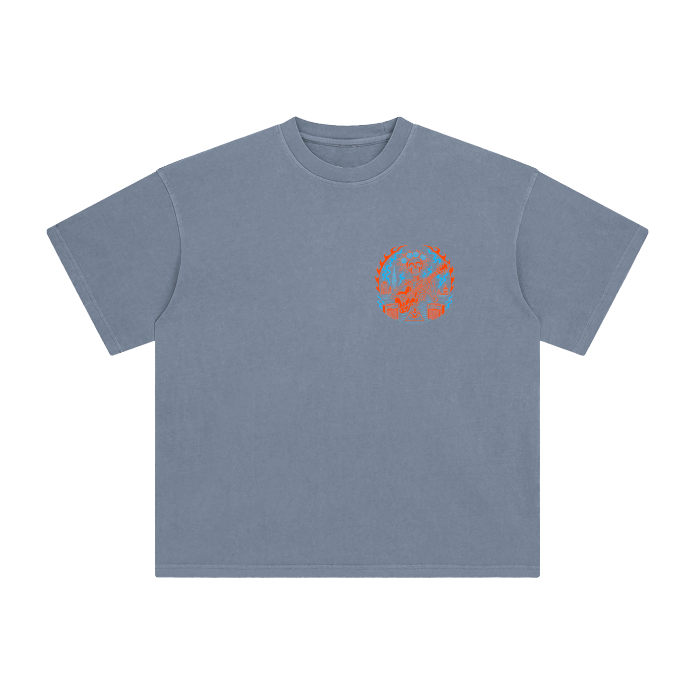 A washed blue crewneck t-shirt with abstract SF music hippie skeleton. 
