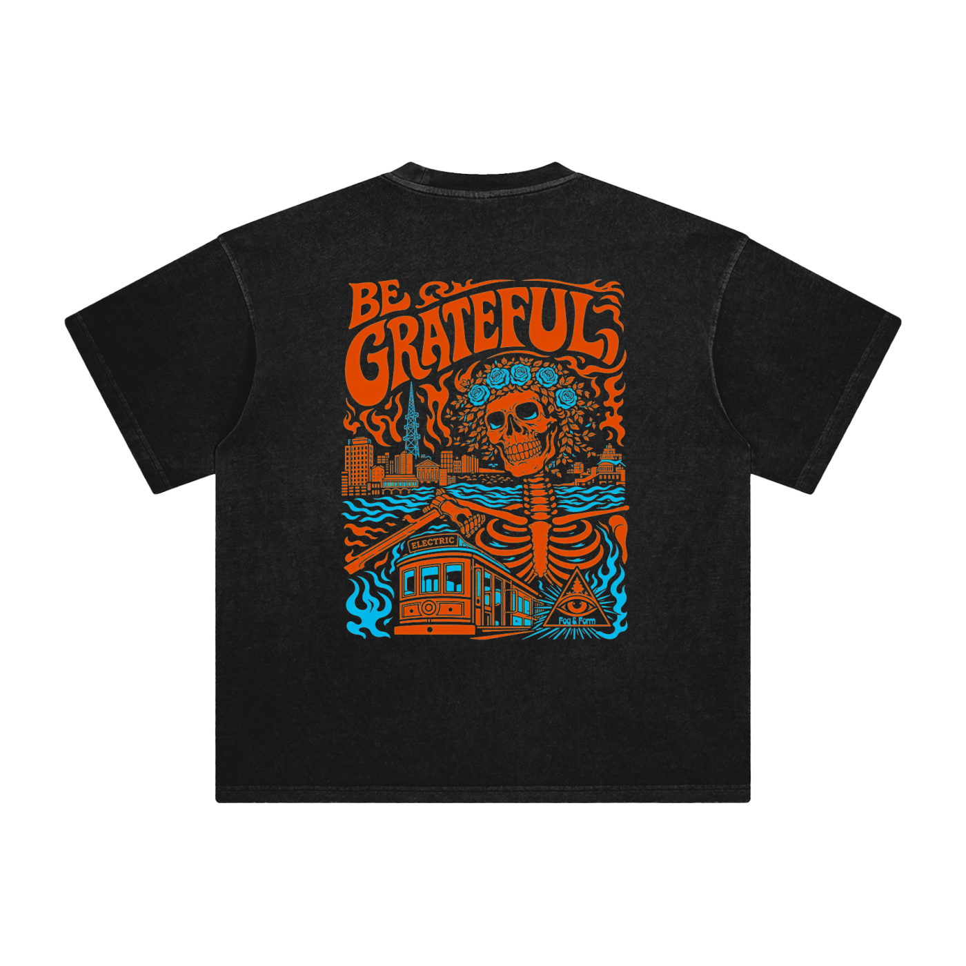 A black short-sleeve t-shirt with a large colorful graphic on the back. The graphic features the words 'BE GRATEFUL' in orange, a skull with a floral crown, a skeleton, a house, and blue waves for SF music.