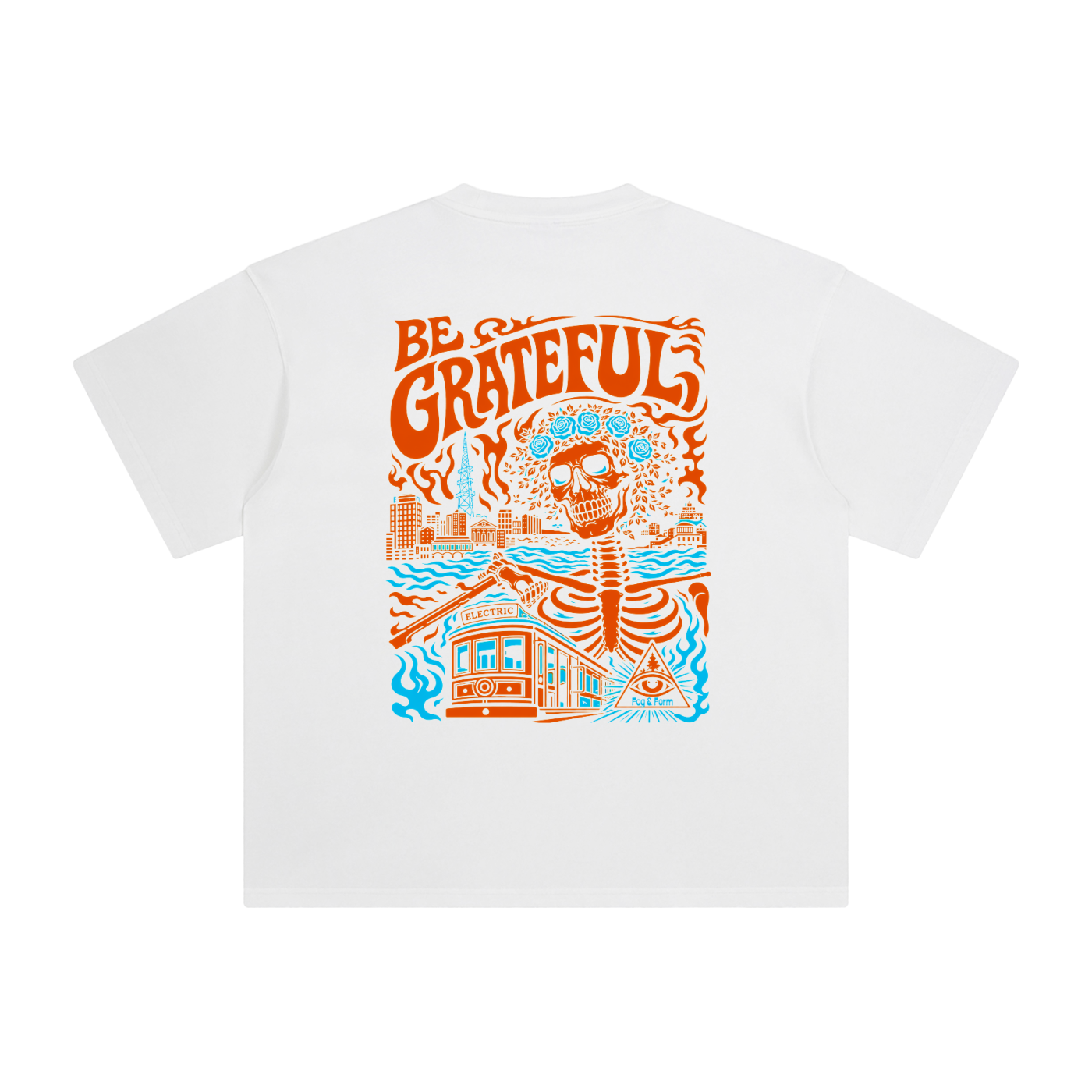 Back of Fog & Form Be Grateful graphic washed white T-shirt featuring a colorful San Francisco illustration celebrating Bay Area culture, music, and everyday streetwear.