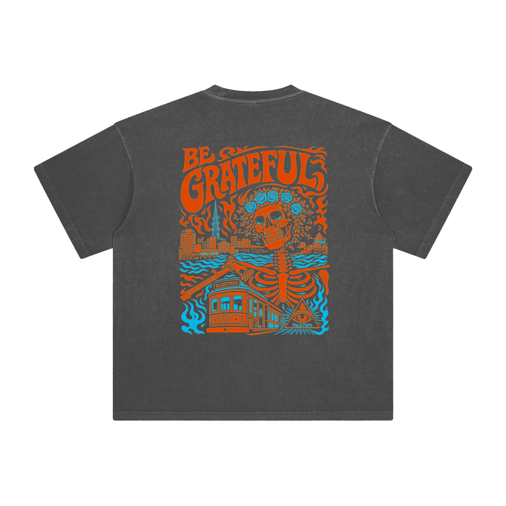 Back of Fog & Form Be Grateful graphic washed grey T-shirt featuring a colorful San Francisco illustration celebrating SF psychedelic rock  music.