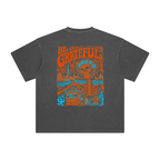 Back of Fog & Form Be Grateful graphic washed grey T-shirt featuring a colorful San Francisco illustration celebrating SF psychedelic rock  music.