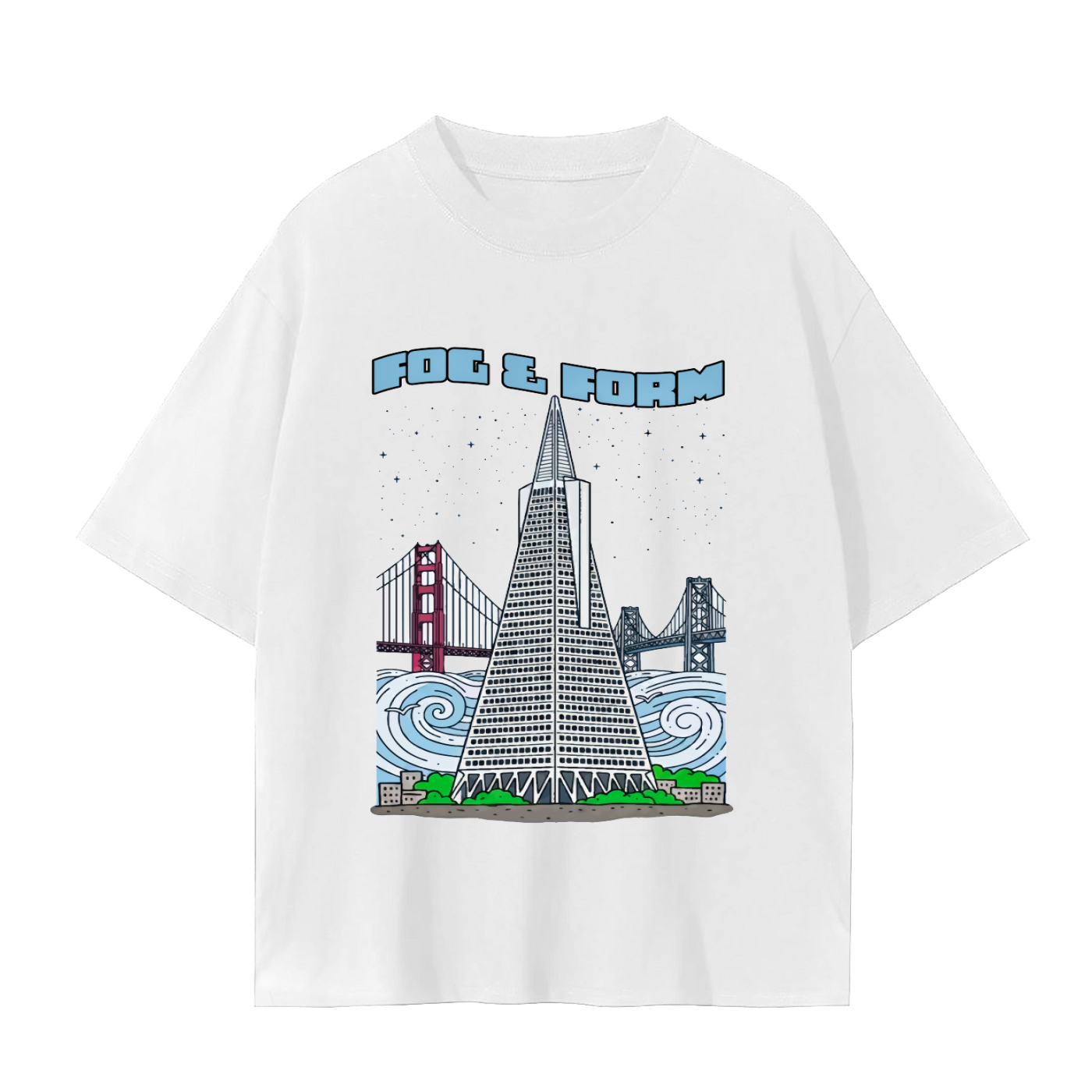 Fog & Form Between Bridges San Francisco heavyweight black graphic T-shirt featuring Golden Gate Bridge and Bay Bridge inspired artwork on the back.