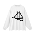 Fog & Form heavyweight white long sleeve T-shirt featuring the logo of minimalist Golden Gate Bridge in fog on the front.