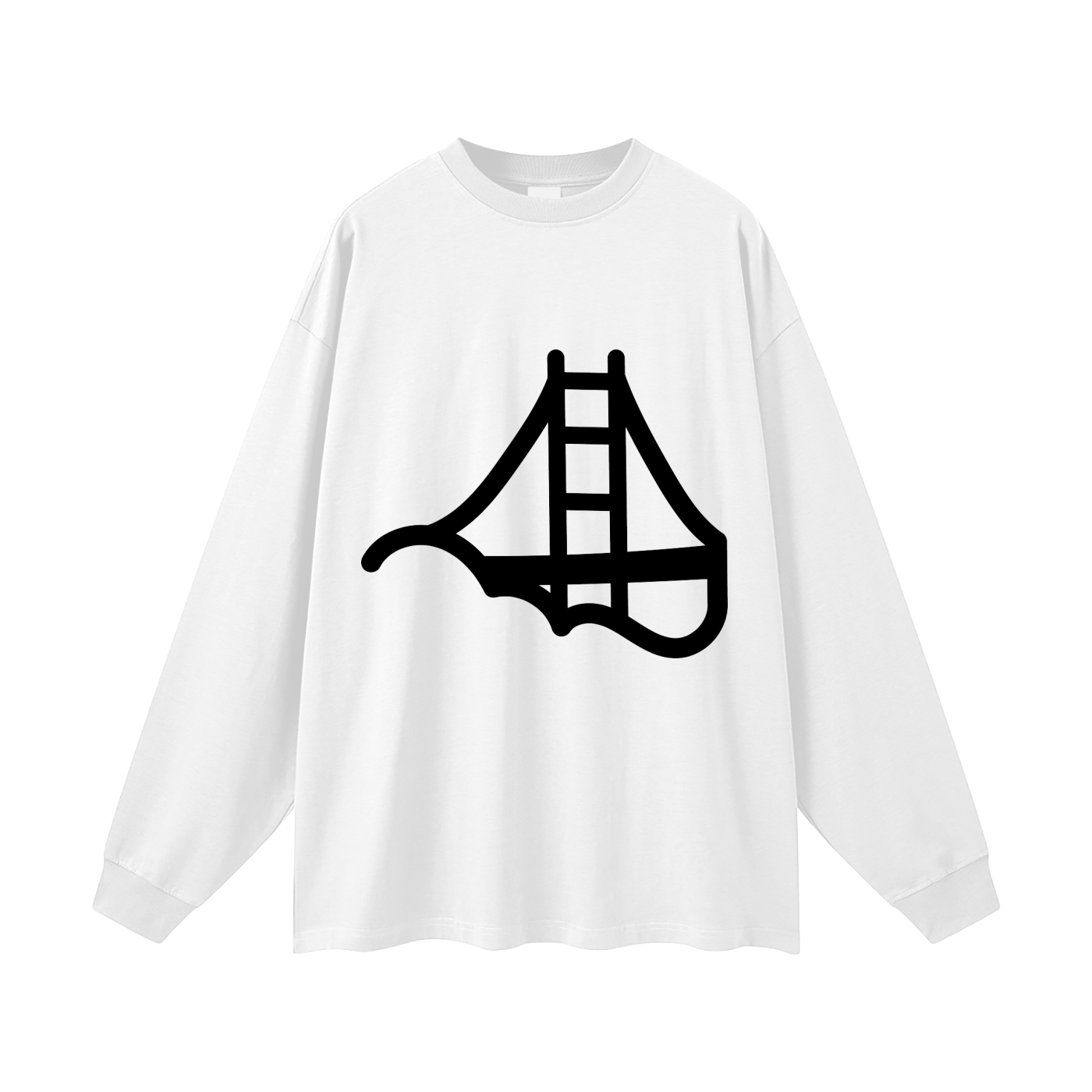 Fog & Form heavyweight white long sleeve T-shirt featuring the logo of minimalist Golden Gate Bridge in fog on the front.