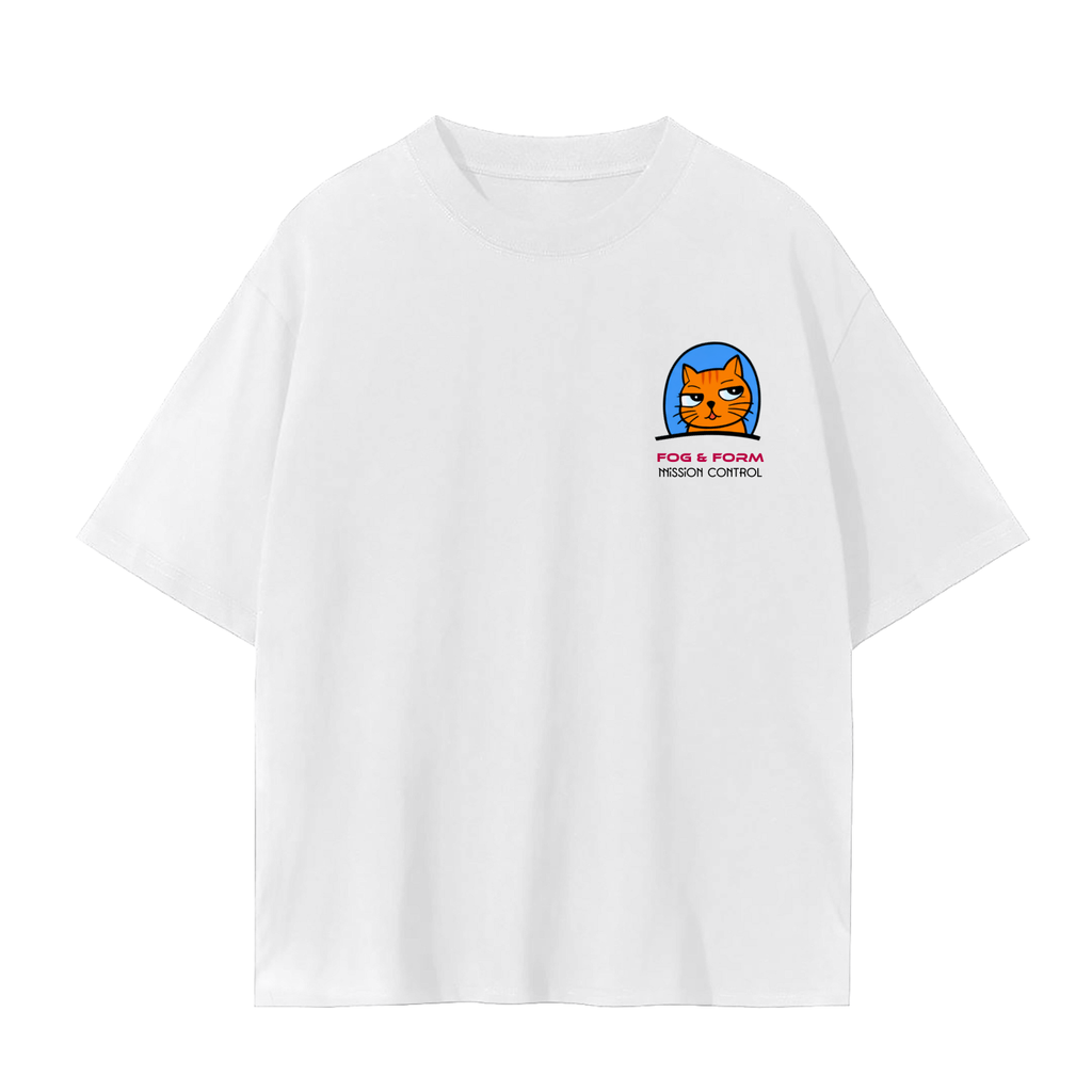 Fog & Form Space Race heavyweight white graphic T-shirt with vintage-inspired rocket chest graphic.
