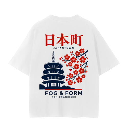 Fog & Form Japantown San Francisco heavyweight white graphic T-shirt featuring the Peace Pagoda and cherry blossoms on the back.