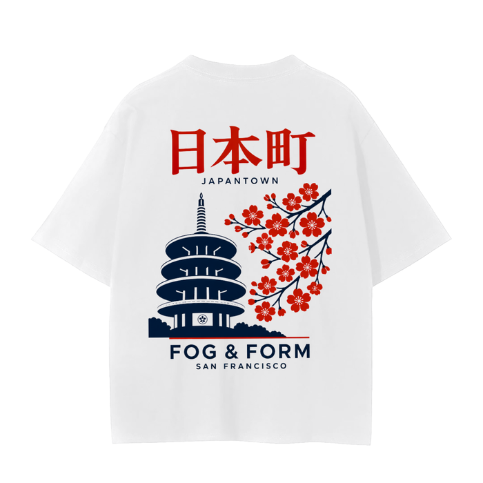 Fog & Form Japantown San Francisco heavyweight white graphic T-shirt featuring the Peace Pagoda and cherry blossoms on the back.