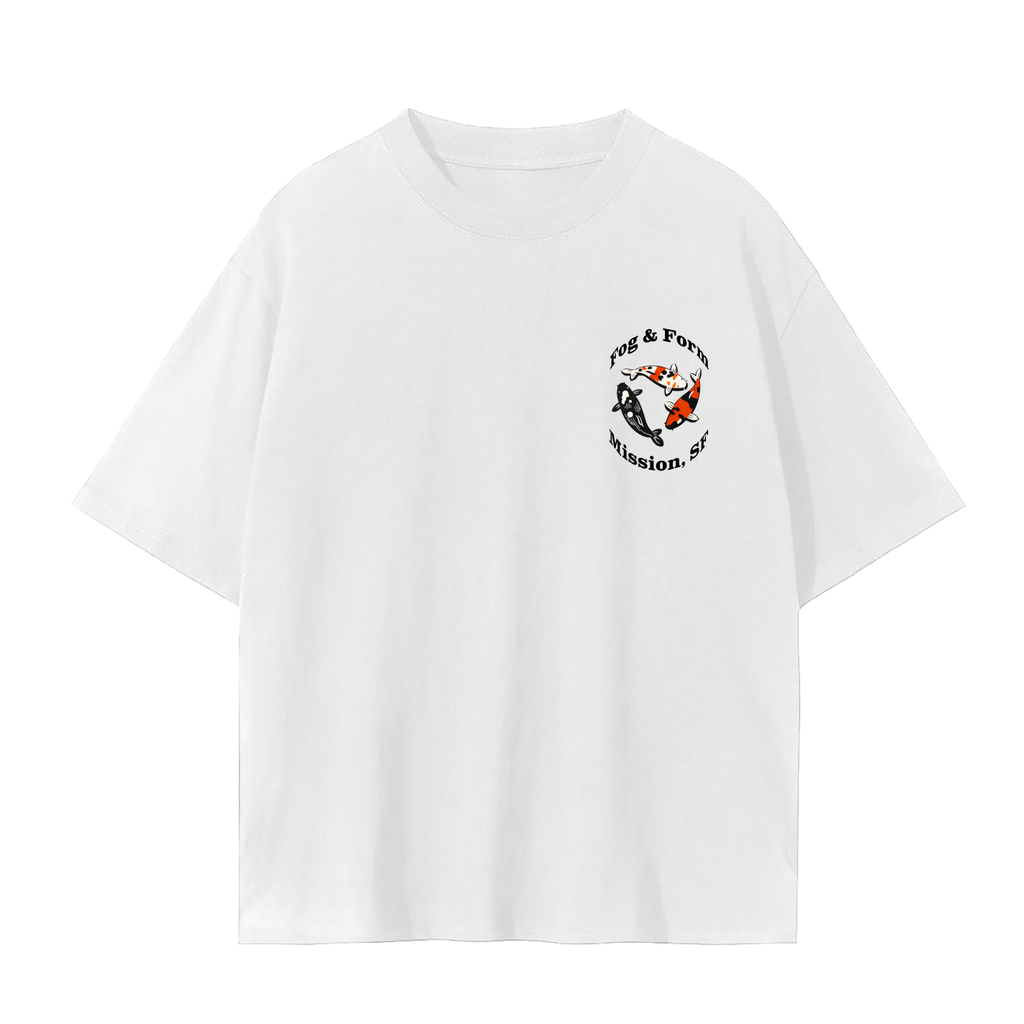 A white short-sleeve crewneck t-shirt with a small circular graphic on the left chest featuring street art inspired three koi fish and the text 'Fog & Form Mission, SF'.