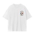 A white short-sleeve crewneck t-shirt with a small circular graphic on the left chest featuring street art inspired three koi fish and the text 'Fog & Form Mission, SF'.