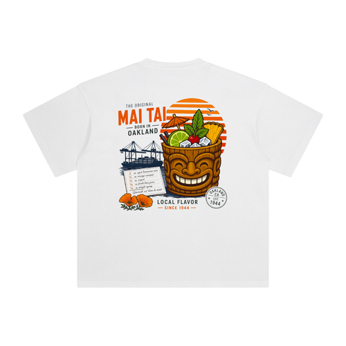 Fog & Form Mai Tai 1944 San Francisco heavyweight white graphic T-shirt featuring a tropical tiki cocktail inspired by the Bay Area’s cocktail history.