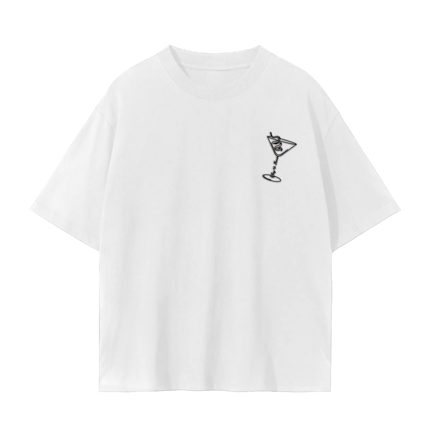 Fog & Form Martini heavyweight white graphic T-shirt with minimalist martini chest graphic.