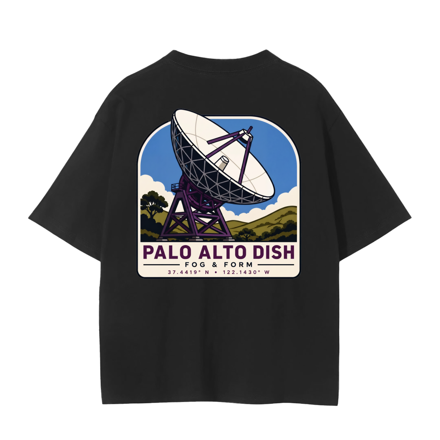 Fog & Form Palo Alto Dish California heavyweight black graphic T-shirt featuring the iconic Dish hiking landmark on the back.
