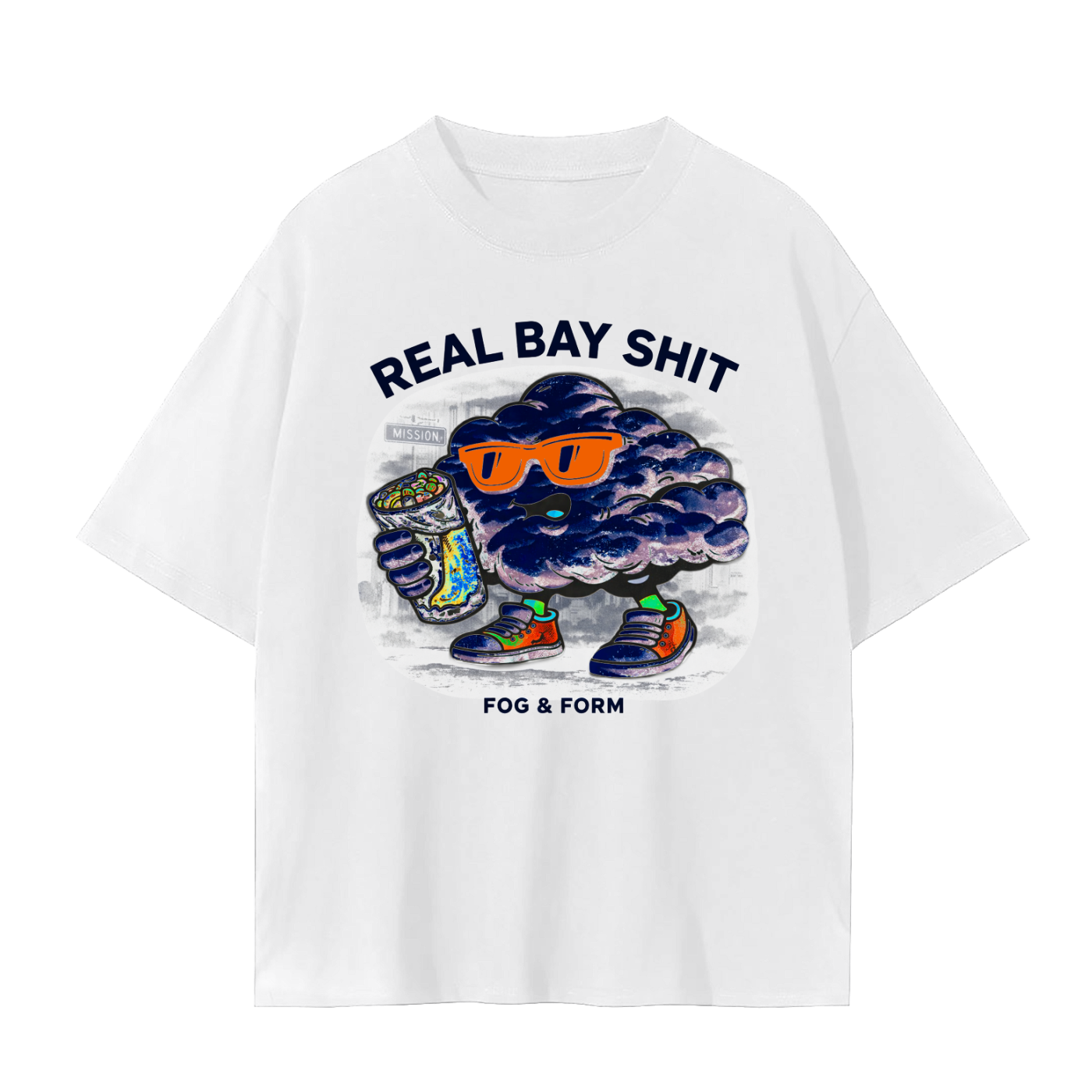 Fog & Form Real Bay Shit heavyweight white graphic T-shirt featuring bold Bay Area inspired Fog artwork celebrating Northern California culture.