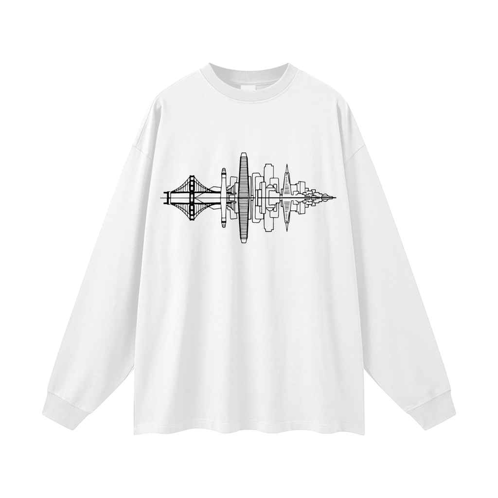 Fog & Form white long sleeve shirt featuring a minimalist San Francisco skyline graphic.