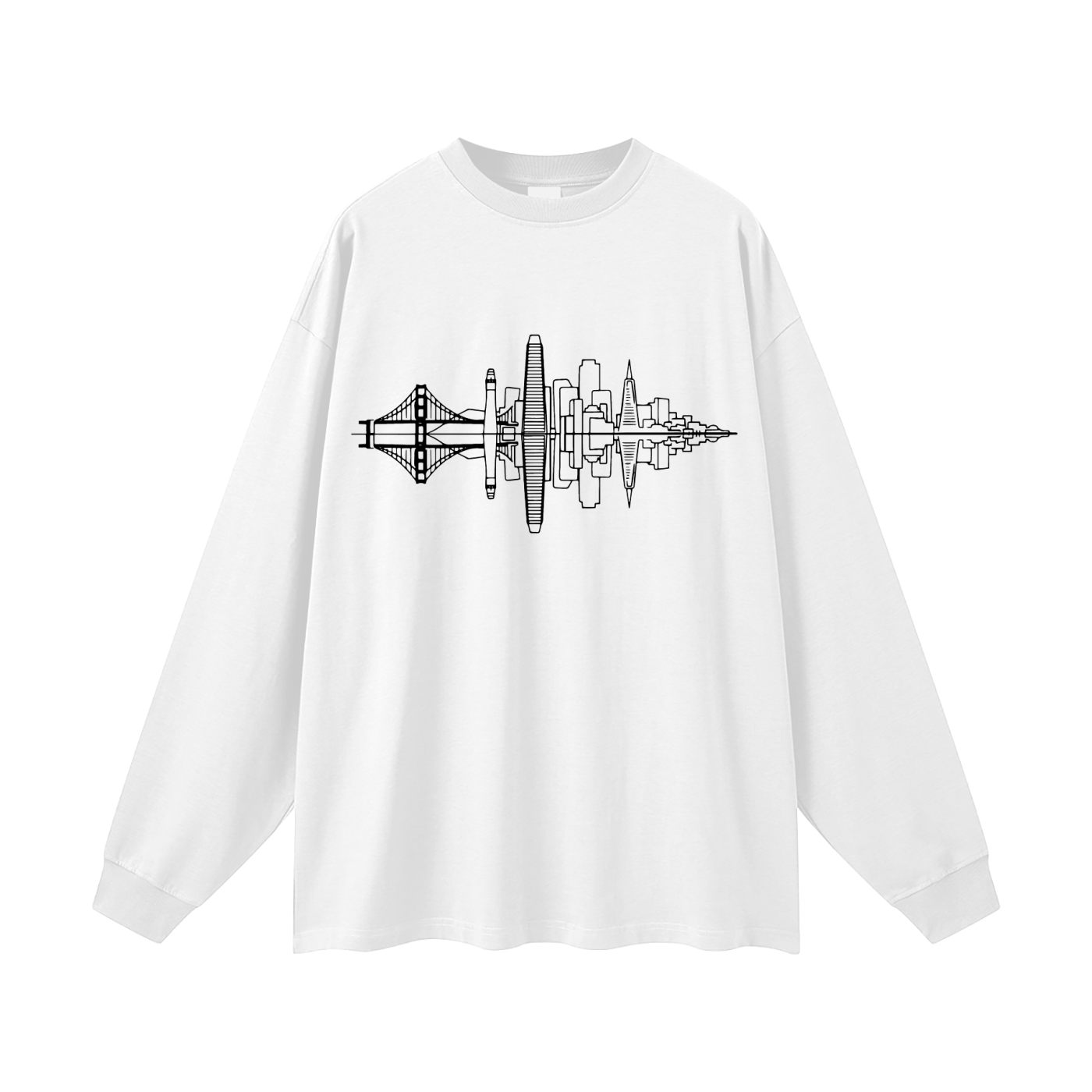 Fog & Form white long sleeve shirt featuring a minimalist San Francisco skyline graphic.