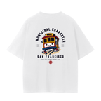 Fog & Form San Francisco cute streetcar heavyweight white graphic T-shirt featuring a playful streetcar illustration on the back.