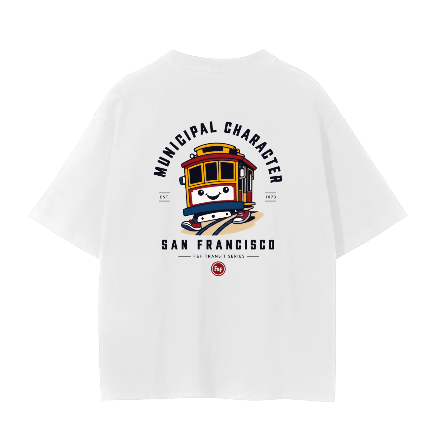 Fog & Form San Francisco cute streetcar heavyweight white graphic T-shirt featuring a playful streetcar illustration on the back.