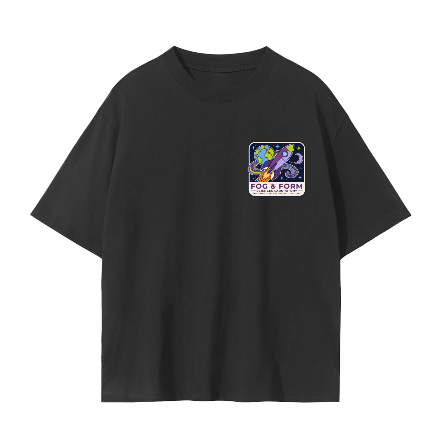 Fog & Form heavyweight black graphic T-shirt featuring a colorful abstract geometric artwork on the back.