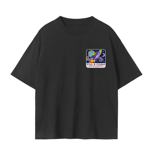 Fog & Form heavyweight black graphic T-shirt featuring a colorful abstract geometric artwork on the back.