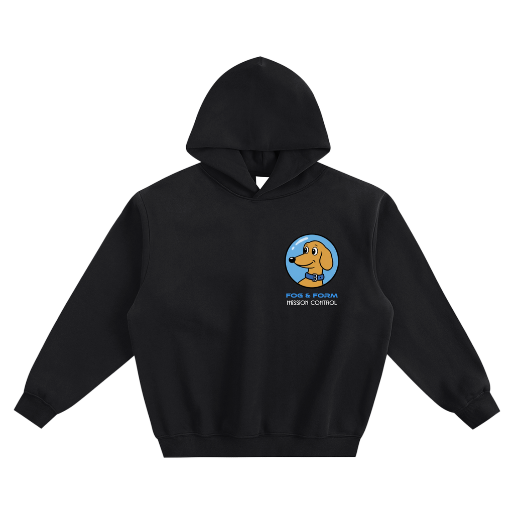 Fog & Form Space Race black heavyweight hoodie with small vintage-inspired rocket chest graphic.