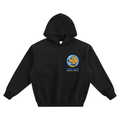 Fog & Form Space Race black heavyweight hoodie with small vintage-inspired rocket chest graphic.