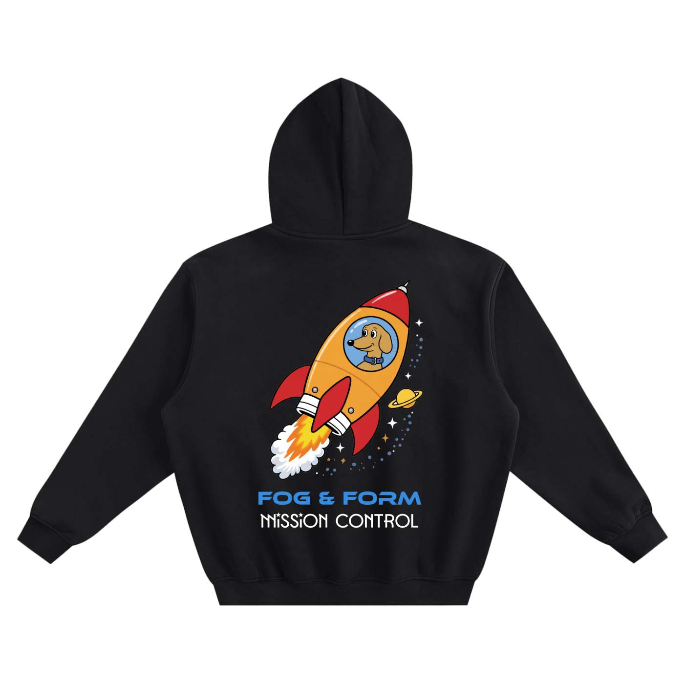 Fog & Form Space Race black heavyweight hoodie featuring colorful retro rocket graphic on the back.