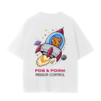 Fog & Form Space Race heavyweight white graphic T-shirt featuring a cat in retro rocket inspired by San Francisco innovation on the back.