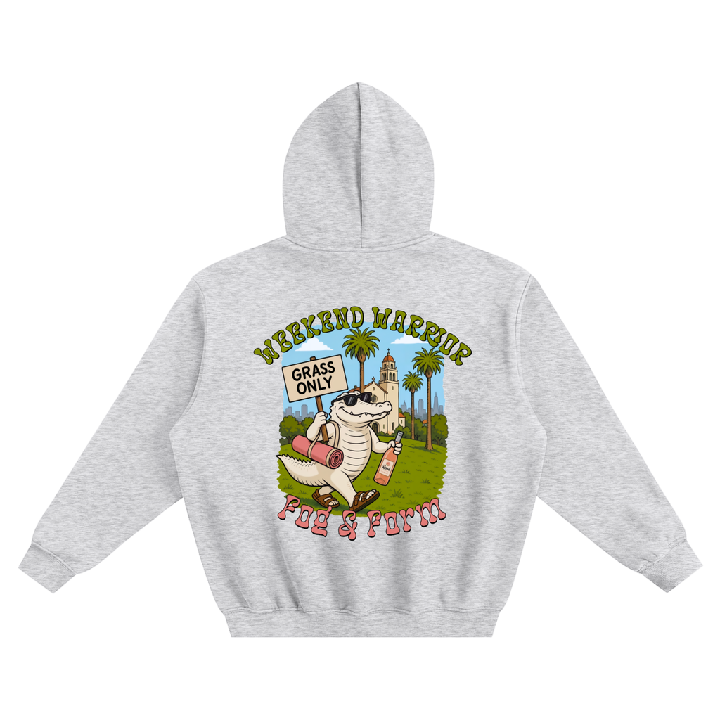 Fog & Form Weekend Warrior grey heavyweight hoodie featuring white croc protesting at Dolores Park.