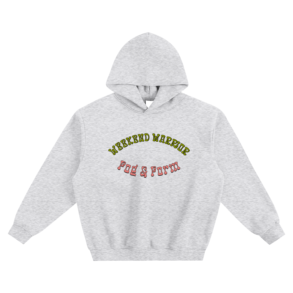 Fog & Form Weekend Warrior grey heavyweight hoodie with vintage hippie style front.