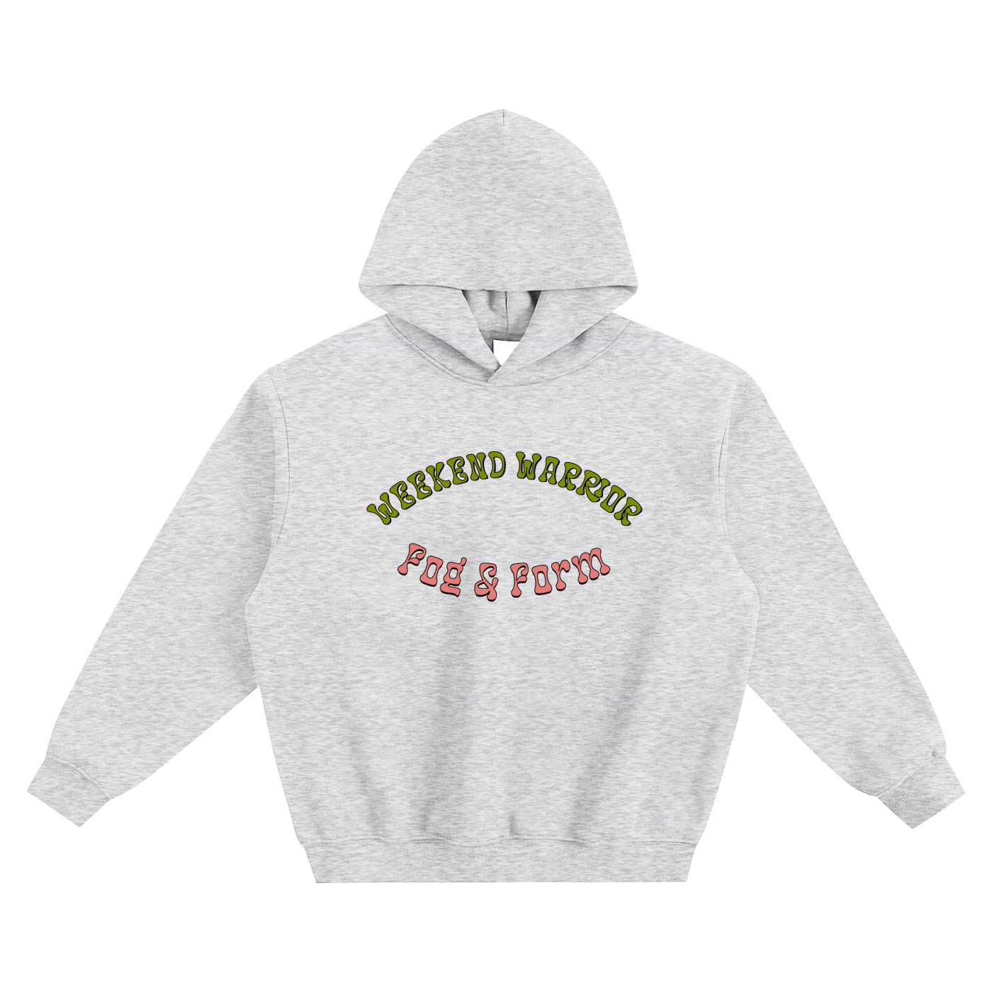 Fog & Form Weekend Warrior grey heavyweight hoodie with vintage hippie style front.