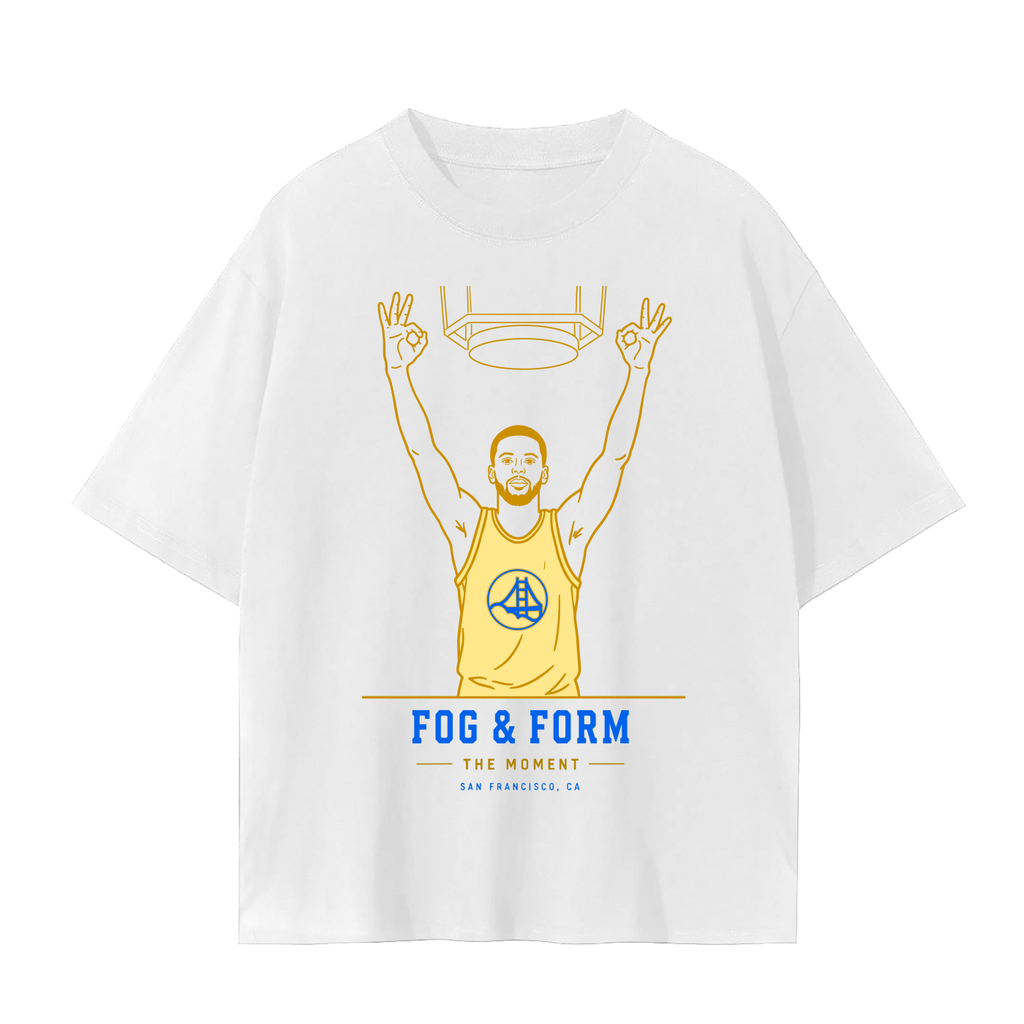 A white short-sleeve t-shirt with a graphic print of a basketball player in a yellow jersey making peace signs, with the text 'FOG & FORM THE MOMENT' and 'SAN FRANCISCO, CA' below.