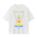 A white short-sleeve t-shirt with a graphic print of a basketball player in a yellow jersey making peace signs, with the text 'FOG & FORM THE MOMENT' and 'SAN FRANCISCO, CA' below.