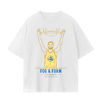 A white short-sleeve t-shirt with a graphic print of a basketball player in a yellow jersey making peace signs, with the text 'FOG & FORM THE MOMENT' and 'SAN FRANCISCO, CA' below.