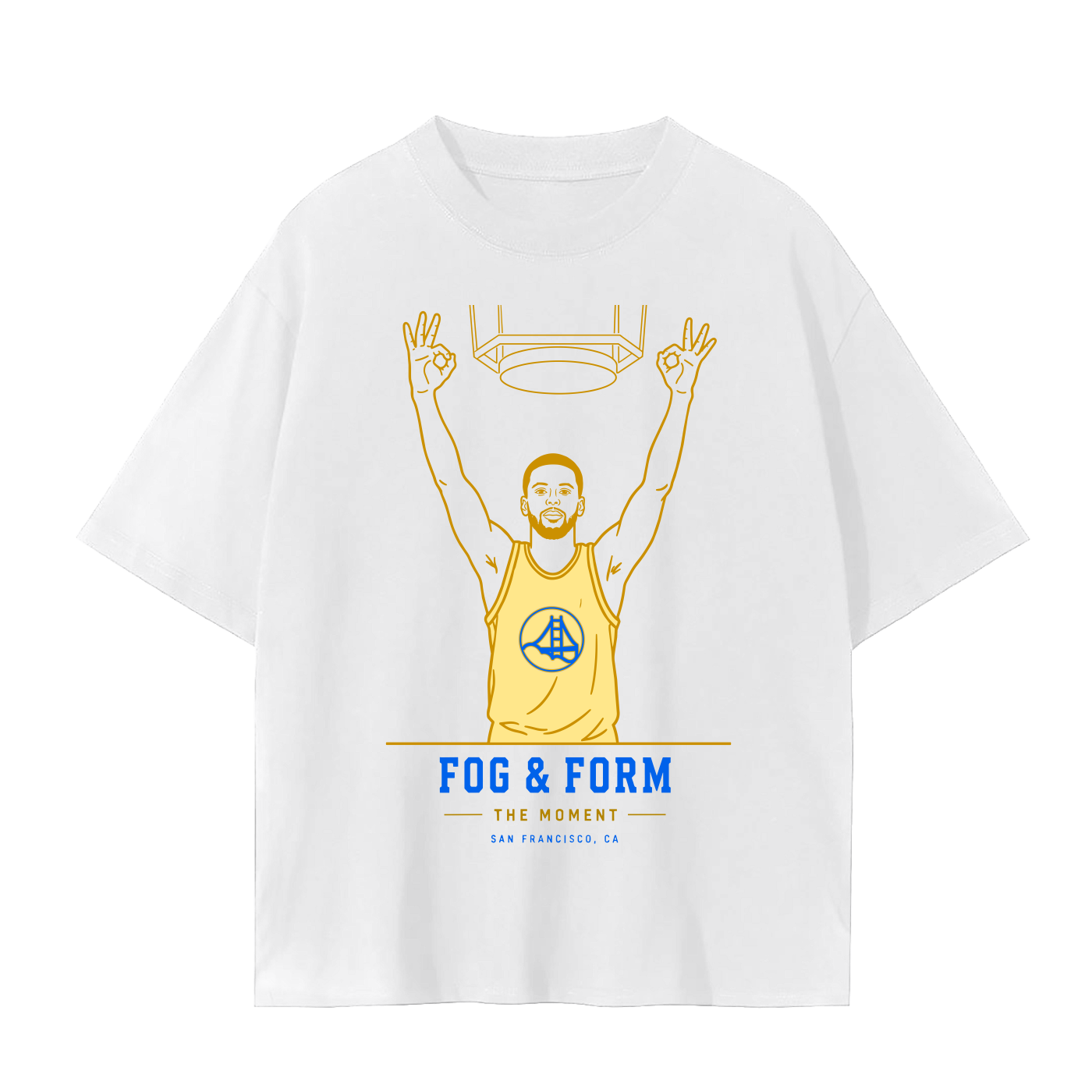 A white short-sleeve t-shirt with a graphic print of a basketball player in a yellow jersey making peace signs, with the text 'FOG & FORM THE MOMENT' and 'SAN FRANCISCO, CA' below.