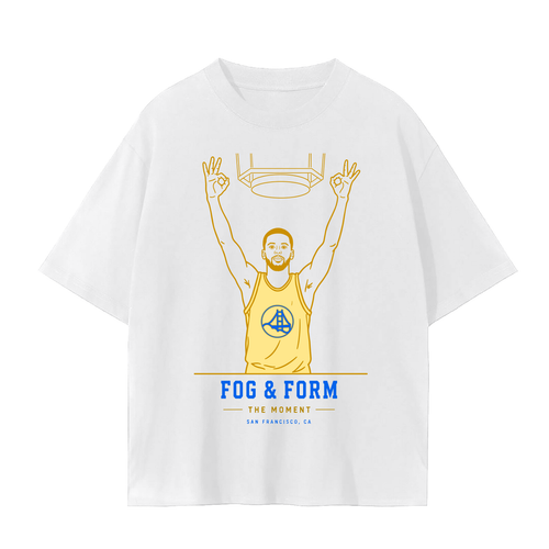 A white short-sleeve t-shirt with a graphic print of a basketball player in a yellow jersey making peace signs, with the text 'FOG & FORM THE MOMENT' and 'SAN FRANCISCO, CA' below.